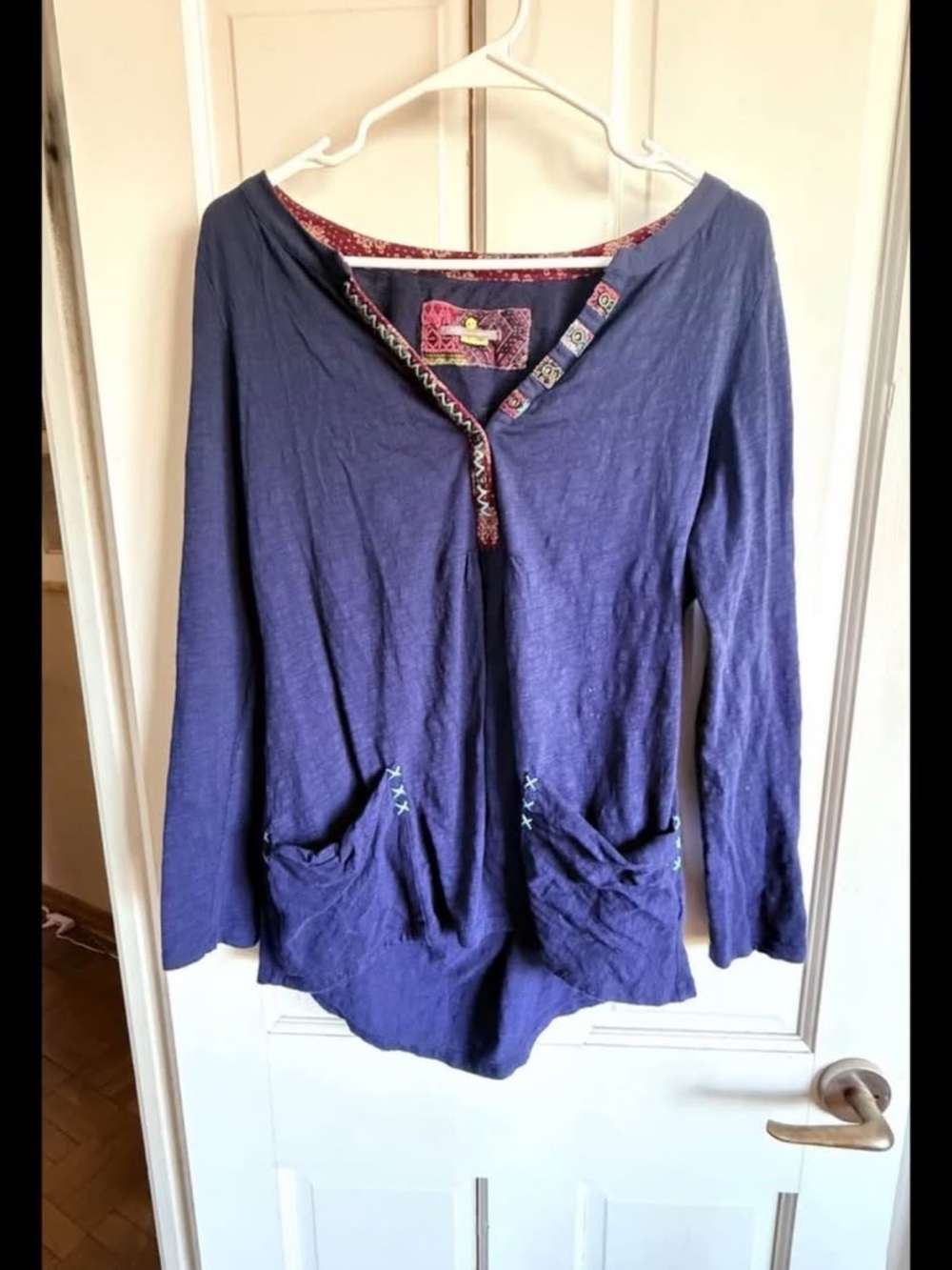Free People Navy Long-Sleeve Embroidered Pocket Tee